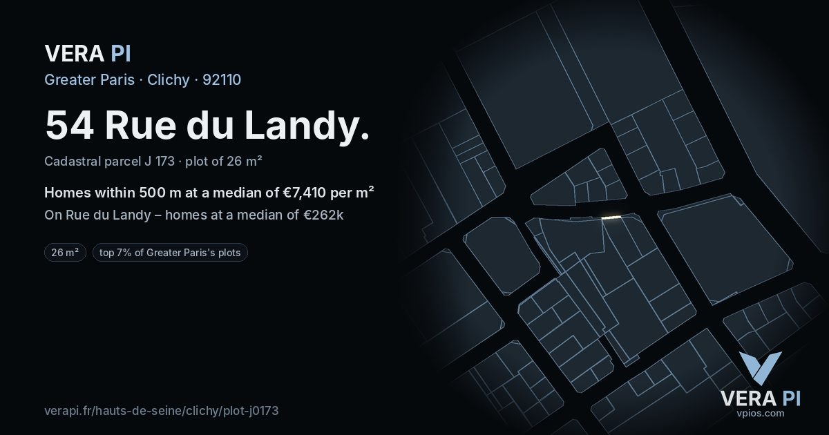 54 Rue du Landy, Clichy at night – the plot lit, the parcels around coloured by the prices near them