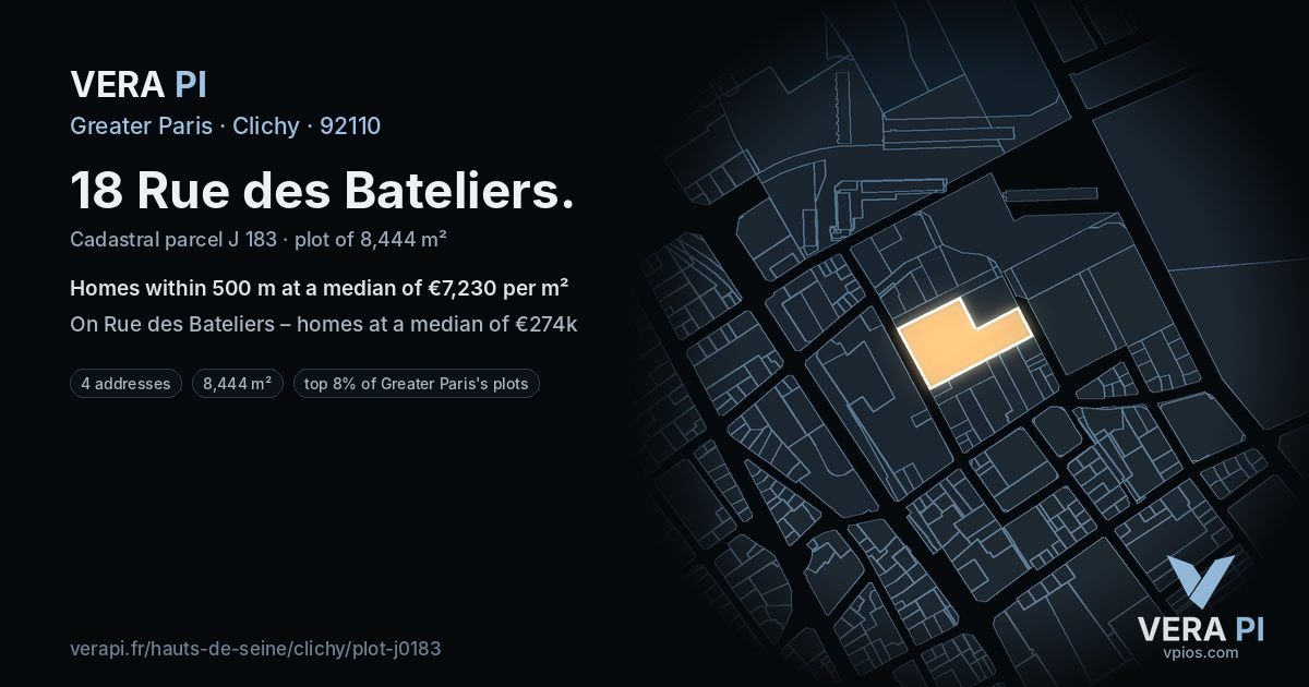 18 Rue des Bateliers, Clichy at night – the plot lit, the parcels around coloured by the prices near them