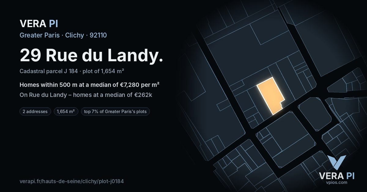 29 Rue du Landy, Clichy at night – the plot lit, the parcels around coloured by the prices near them