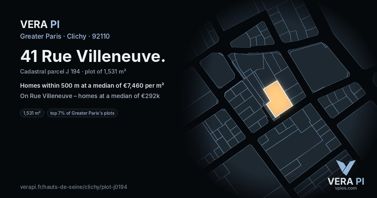 41 Rue Villeneuve, Clichy at night – the plot lit, the parcels around coloured by the prices near them