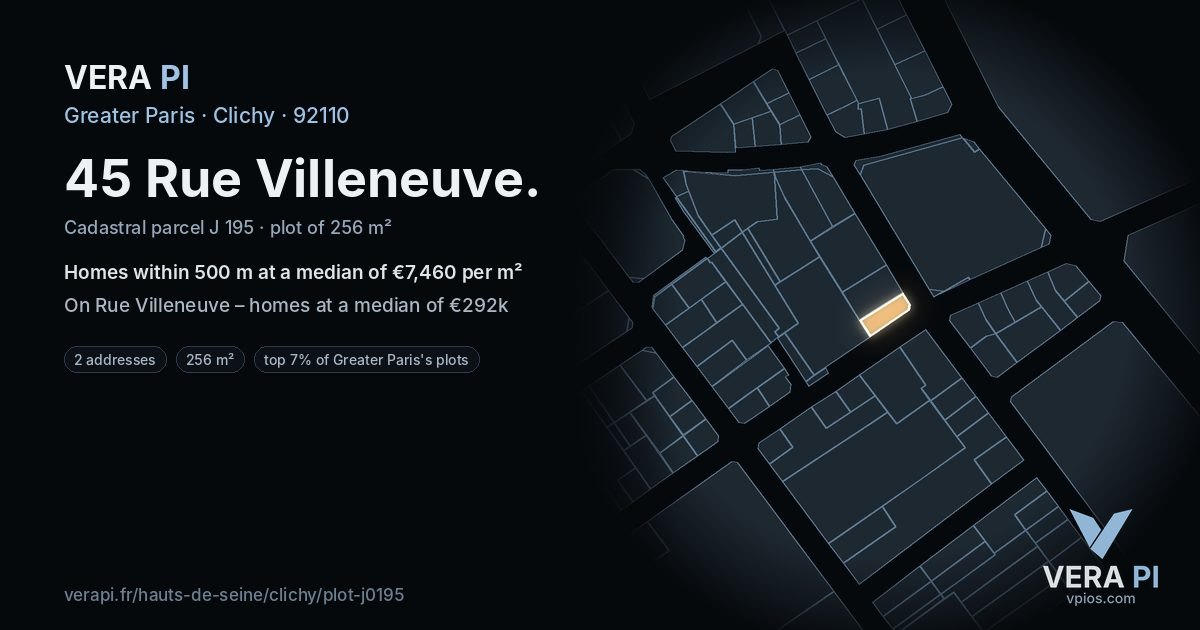 45 Rue Villeneuve, Clichy at night – the plot lit, the parcels around coloured by the prices near them