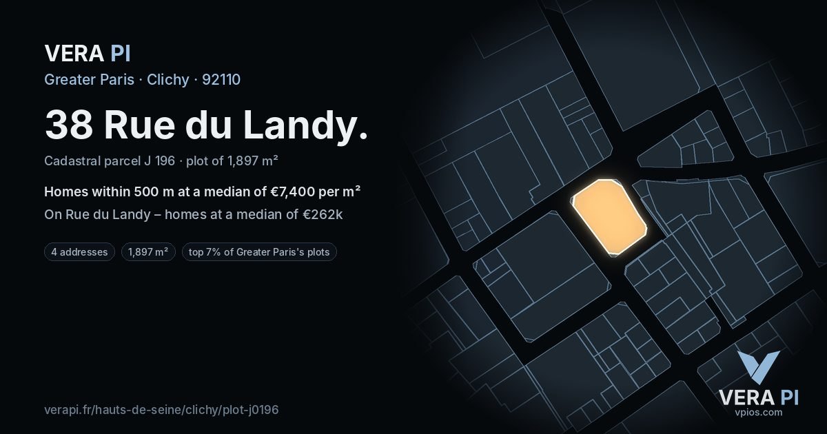 38 Rue du Landy, Clichy at night – the plot lit, the parcels around coloured by the prices near them