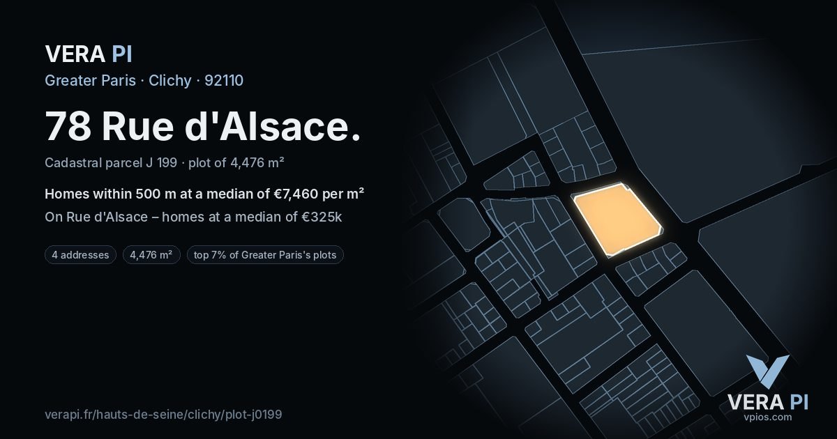 78 Rue d'Alsace, Clichy at night – the plot lit, the parcels around coloured by the prices near them
