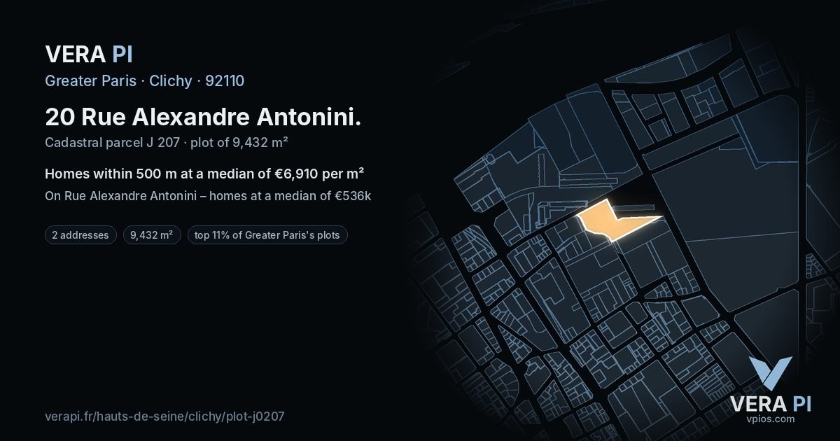 20 Rue Alexandre Antonini, Clichy at night – the plot lit, the parcels around coloured by the prices near them