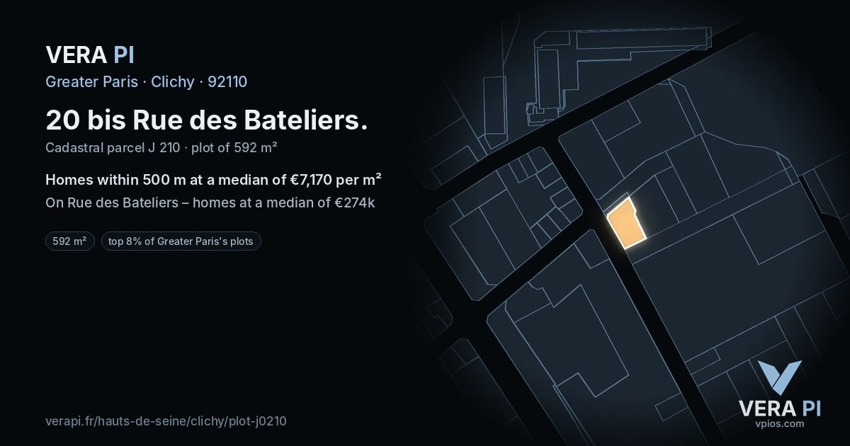 20 bis Rue des Bateliers, Clichy at night – the plot lit, the parcels around coloured by the prices near them