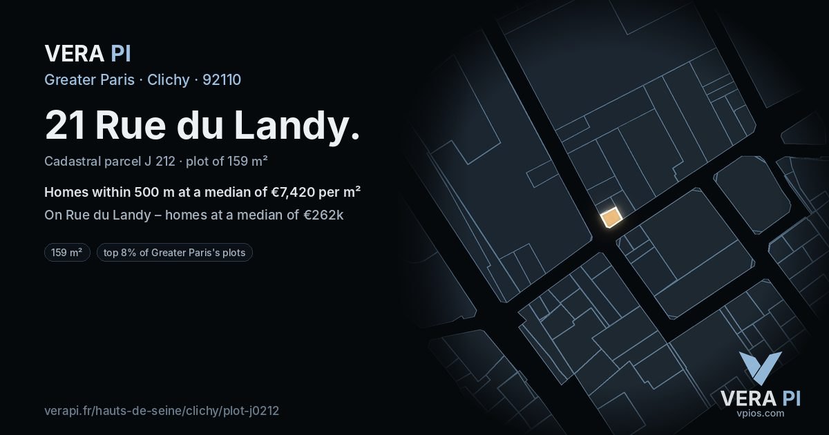 21 Rue du Landy, Clichy at night – the plot lit, the parcels around coloured by the prices near them