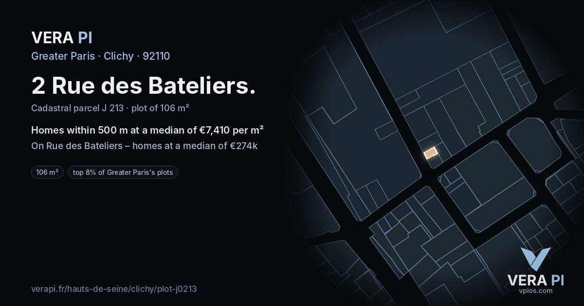 2 Rue des Bateliers, Clichy at night – the plot lit, the parcels around coloured by the prices near them