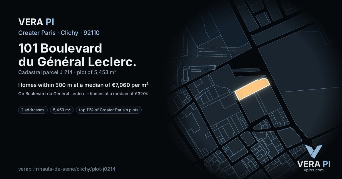 101 Boulevard du Général Leclerc, Clichy at night – the plot lit, the parcels around coloured by the prices near them