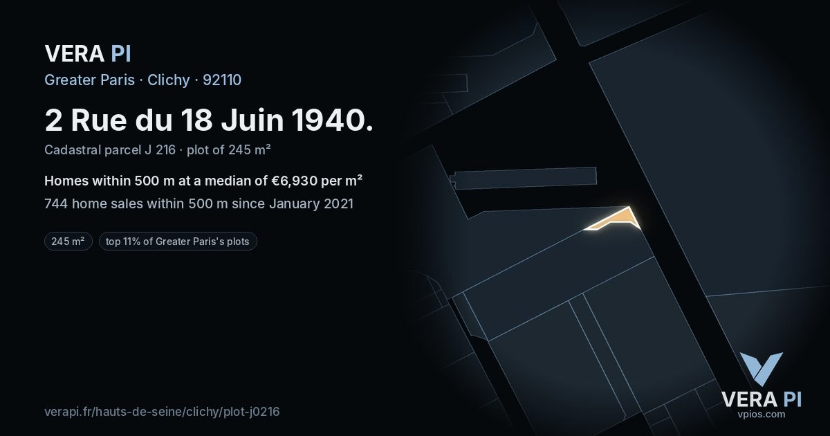2 Rue du 18 Juin 1940, Clichy at night – the plot lit, the parcels around coloured by the prices near them