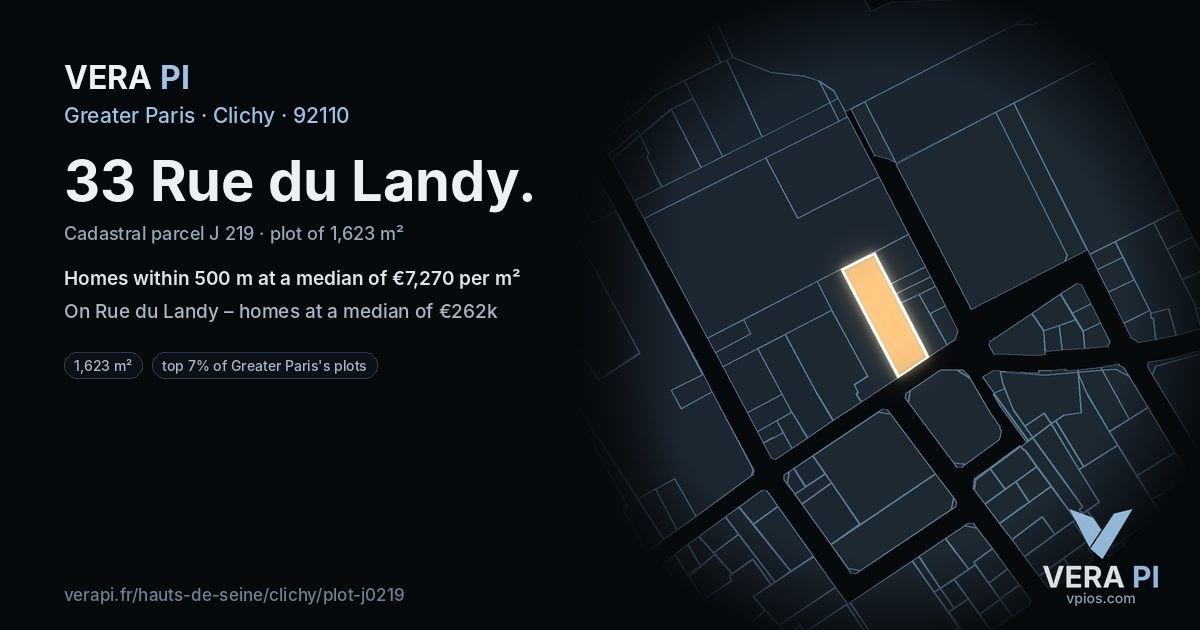33 Rue du Landy, Clichy at night – the plot lit, the parcels around coloured by the prices near them