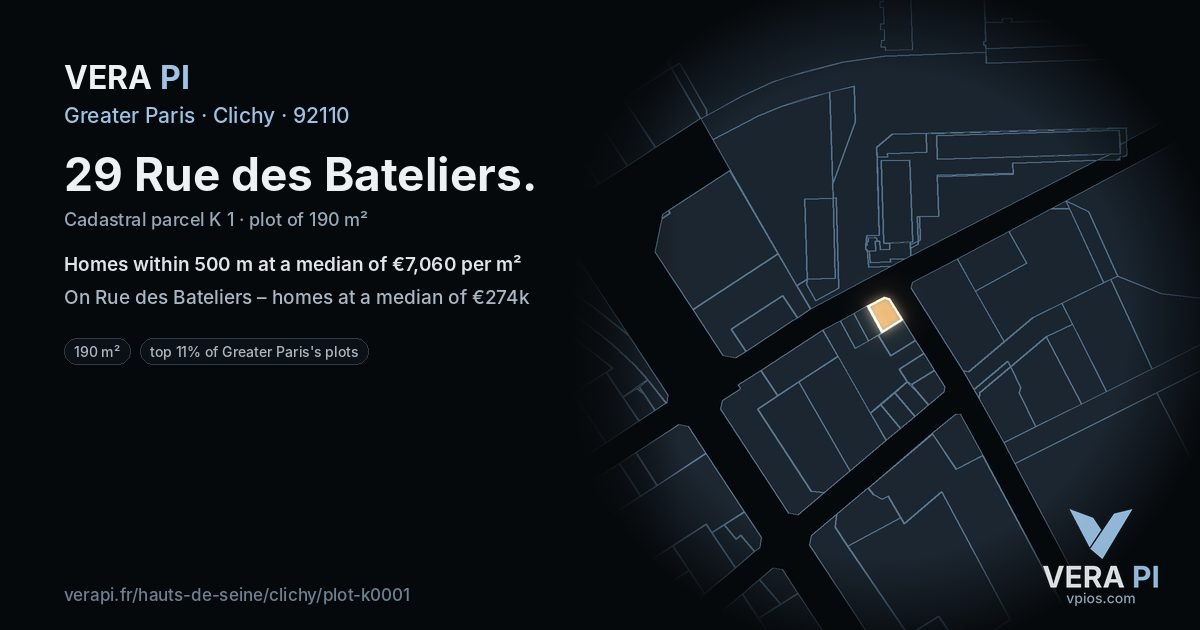 29 Rue des Bateliers, Clichy at night – the plot lit, the parcels around coloured by the prices near them