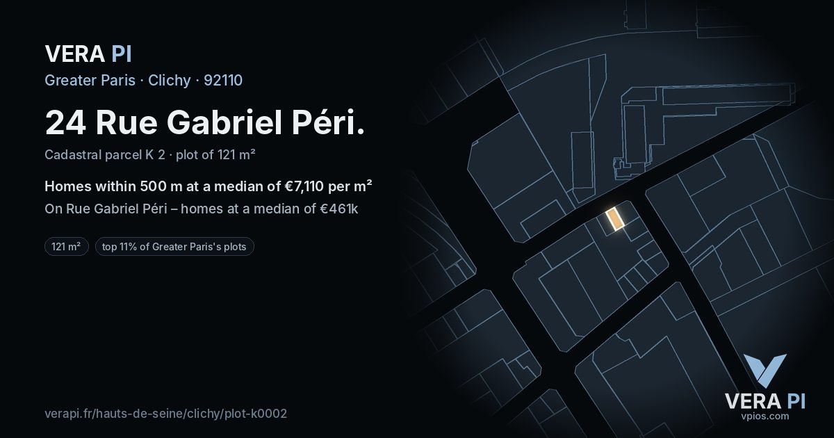24 Rue Gabriel Péri, Clichy at night – the plot lit, the parcels around coloured by the prices near them