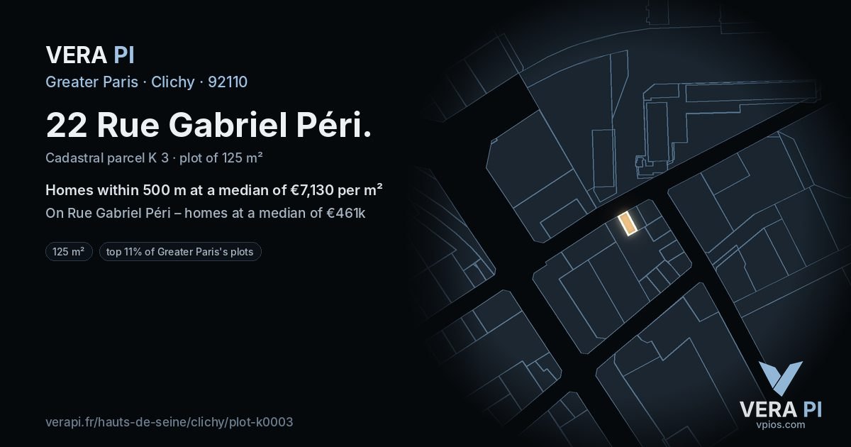 22 Rue Gabriel Péri, Clichy at night – the plot lit, the parcels around coloured by the prices near them