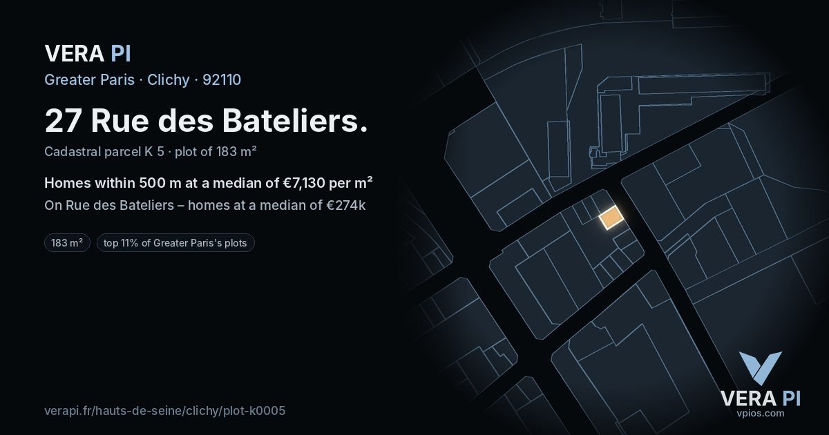 27 Rue des Bateliers, Clichy at night – the plot lit, the parcels around coloured by the prices near them