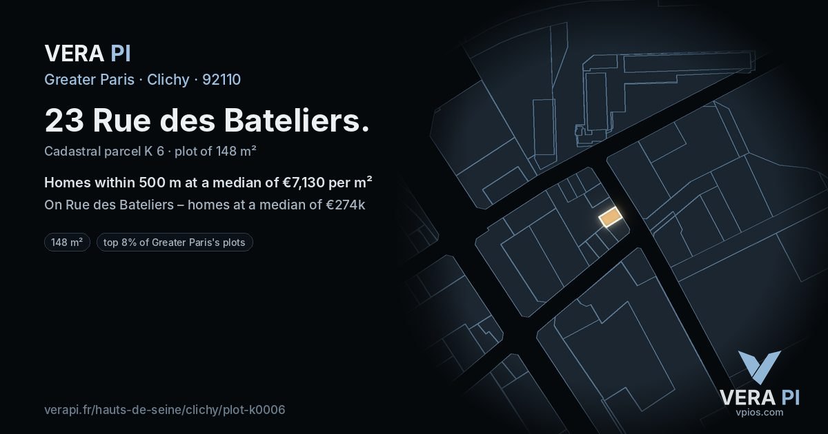 23 Rue des Bateliers, Clichy at night – the plot lit, the parcels around coloured by the prices near them