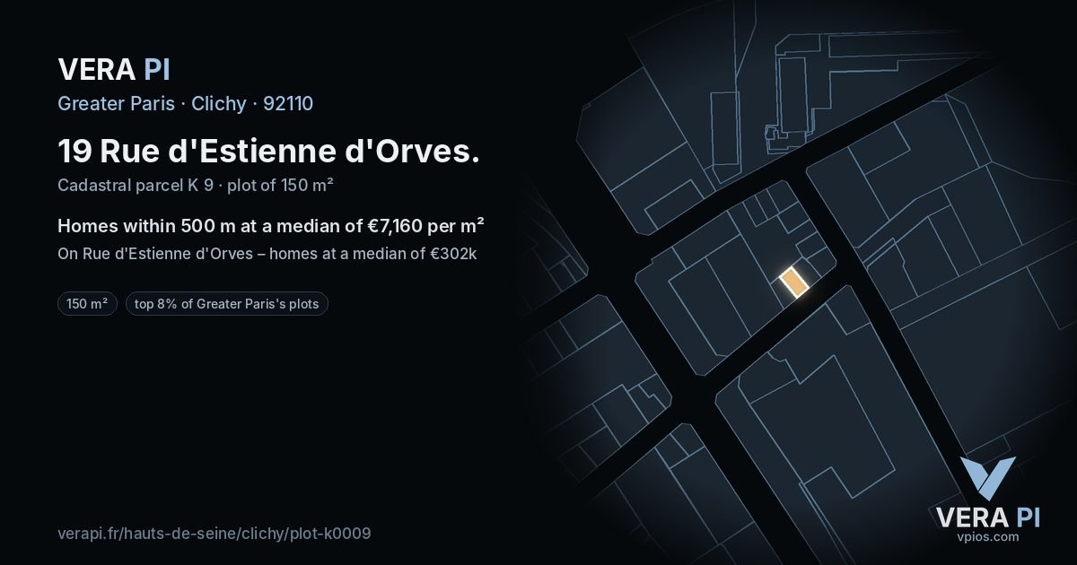 19 Rue d'Estienne d'Orves, Clichy at night – the plot lit, the parcels around coloured by the prices near them