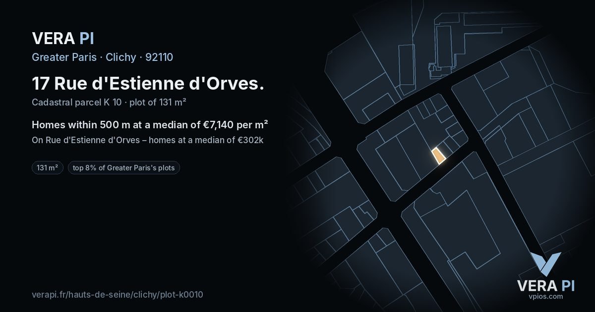 17 Rue d'Estienne d'Orves, Clichy at night – the plot lit, the parcels around coloured by the prices near them