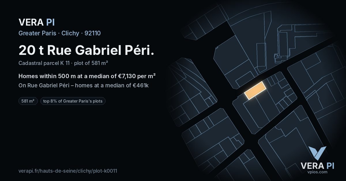 20 t Rue Gabriel Péri, Clichy at night – the plot lit, the parcels around coloured by the prices near them