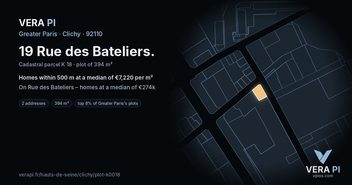 19 Rue des Bateliers, Clichy at night – the plot lit, the parcels around coloured by the prices near them
