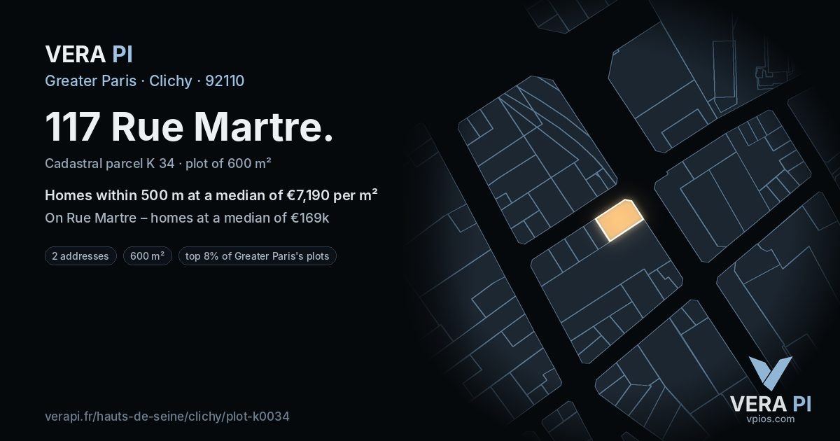 117 Rue Martre, Clichy at night – the plot lit, the parcels around coloured by the prices near them