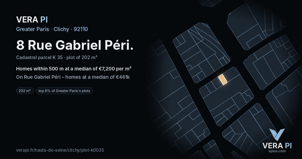 8 Rue Gabriel Péri, Clichy at night – the plot lit, the parcels around coloured by the prices near them