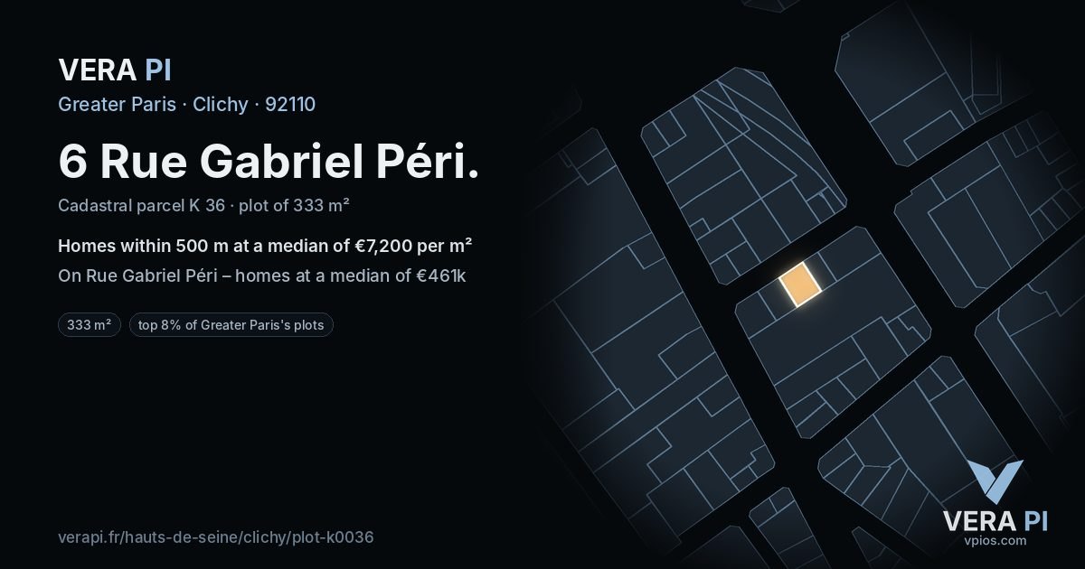 6 Rue Gabriel Péri, Clichy at night – the plot lit, the parcels around coloured by the prices near them