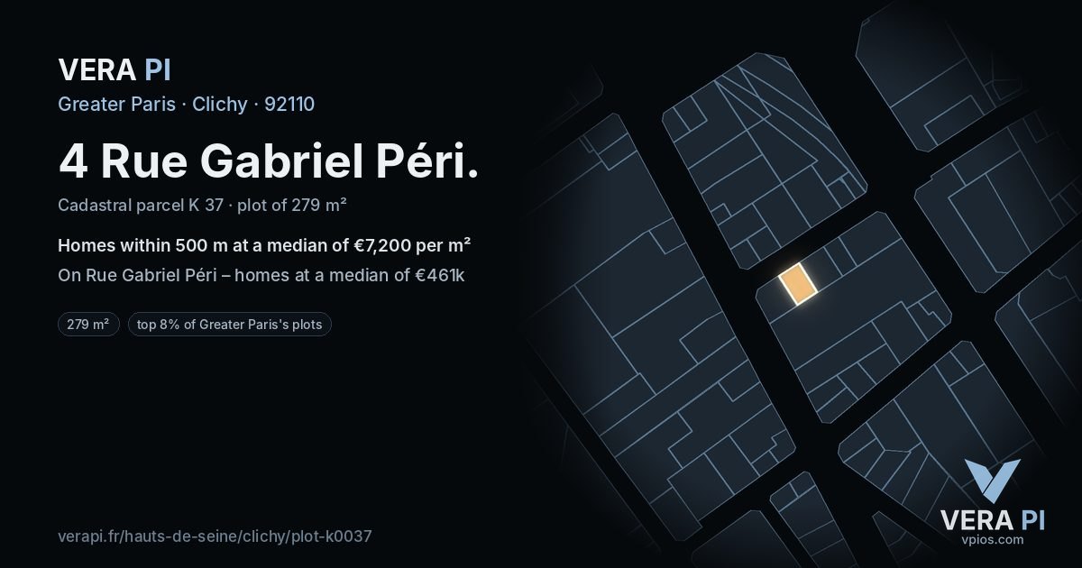 4 Rue Gabriel Péri, Clichy at night – the plot lit, the parcels around coloured by the prices near them