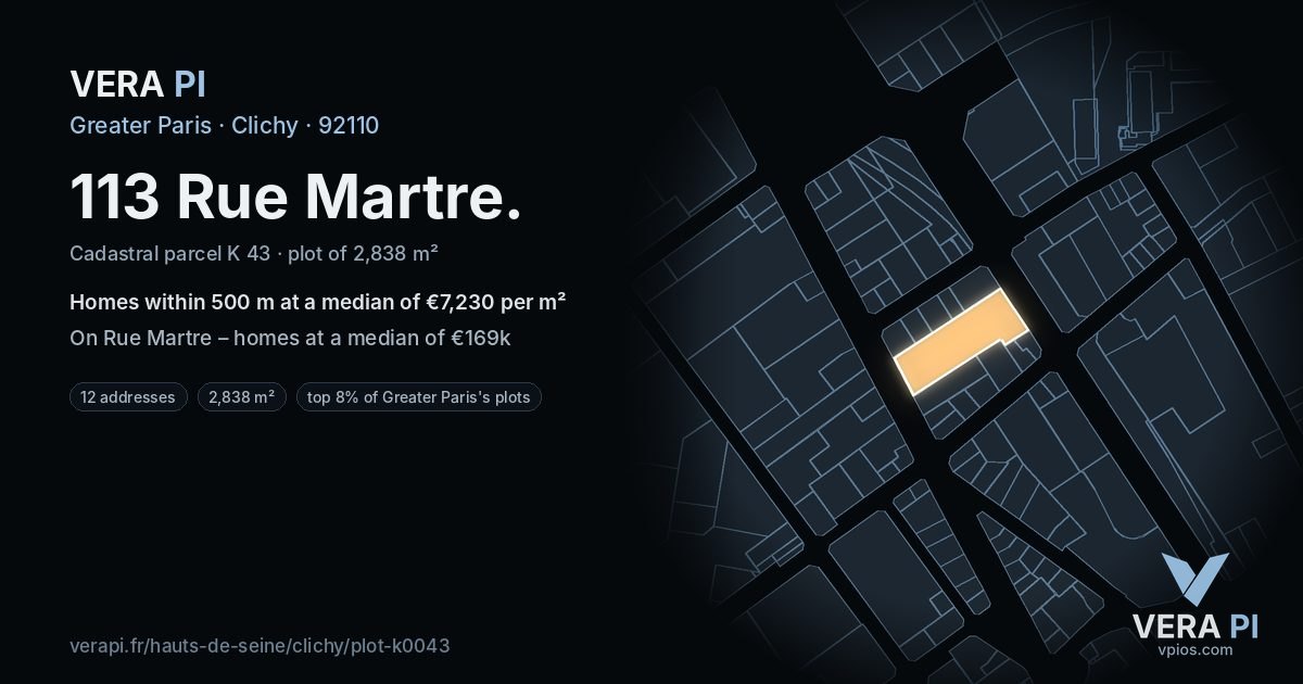 113 Rue Martre, Clichy at night – the plot lit, the parcels around coloured by the prices near them