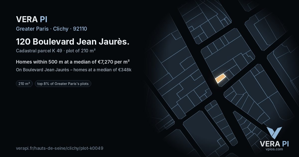 120 Boulevard Jean Jaurès, Clichy at night – the plot lit, the parcels around coloured by the prices near them