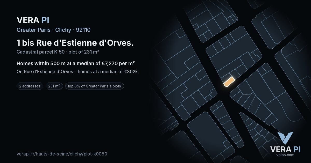 1 bis Rue d'Estienne d'Orves, Clichy at night – the plot lit, the parcels around coloured by the prices near them