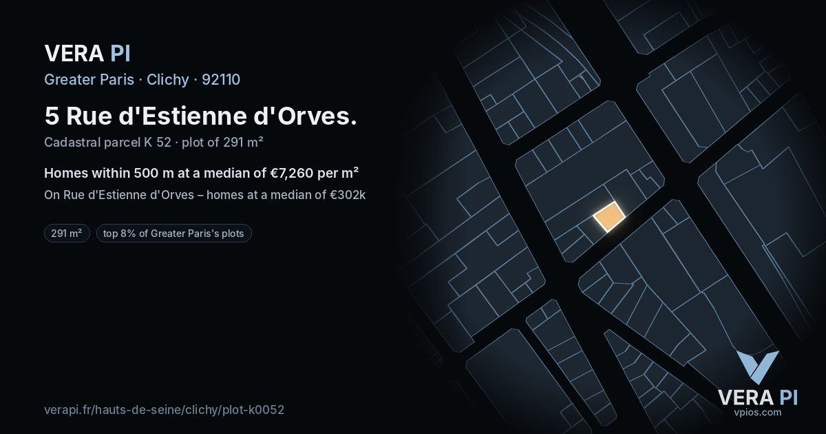 5 Rue d'Estienne d'Orves, Clichy at night – the plot lit, the parcels around coloured by the prices near them