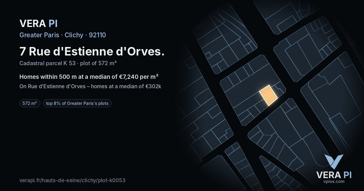 7 Rue d'Estienne d'Orves, Clichy at night – the plot lit, the parcels around coloured by the prices near them