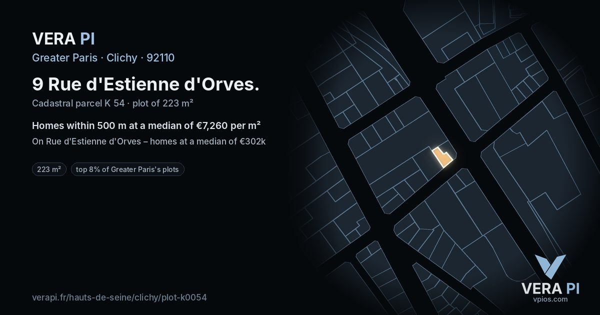 9 Rue d'Estienne d'Orves, Clichy at night – the plot lit, the parcels around coloured by the prices near them