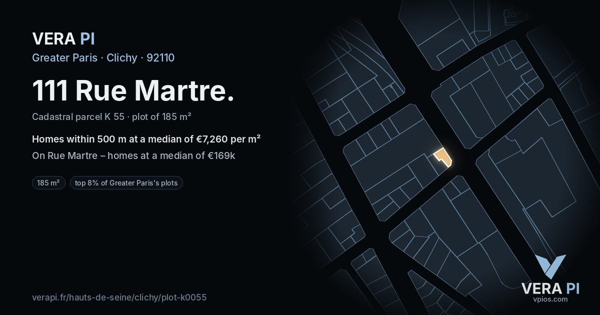 111 Rue Martre, Clichy at night – the plot lit, the parcels around coloured by the prices near them