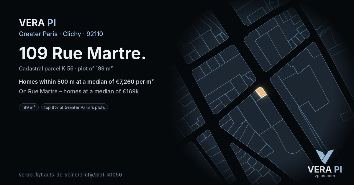 109 Rue Martre, Clichy at night – the plot lit, the parcels around coloured by the prices near them