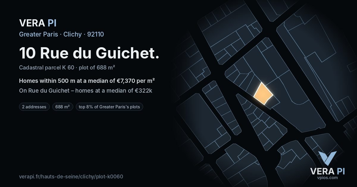 10 Rue du Guichet, Clichy at night – the plot lit, the parcels around coloured by the prices near them