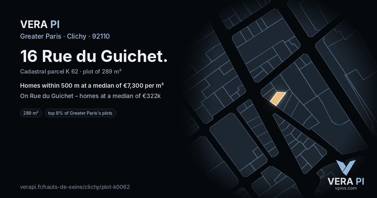 16 Rue du Guichet, Clichy at night – the plot lit, the parcels around coloured by the prices near them