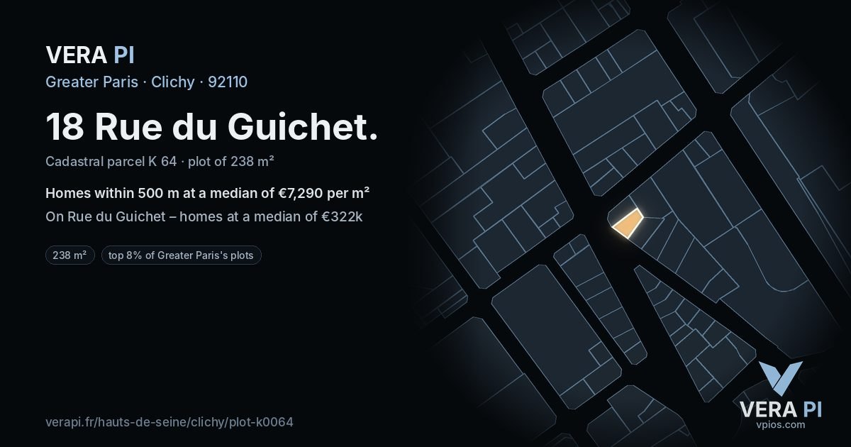 18 Rue du Guichet, Clichy at night – the plot lit, the parcels around coloured by the prices near them