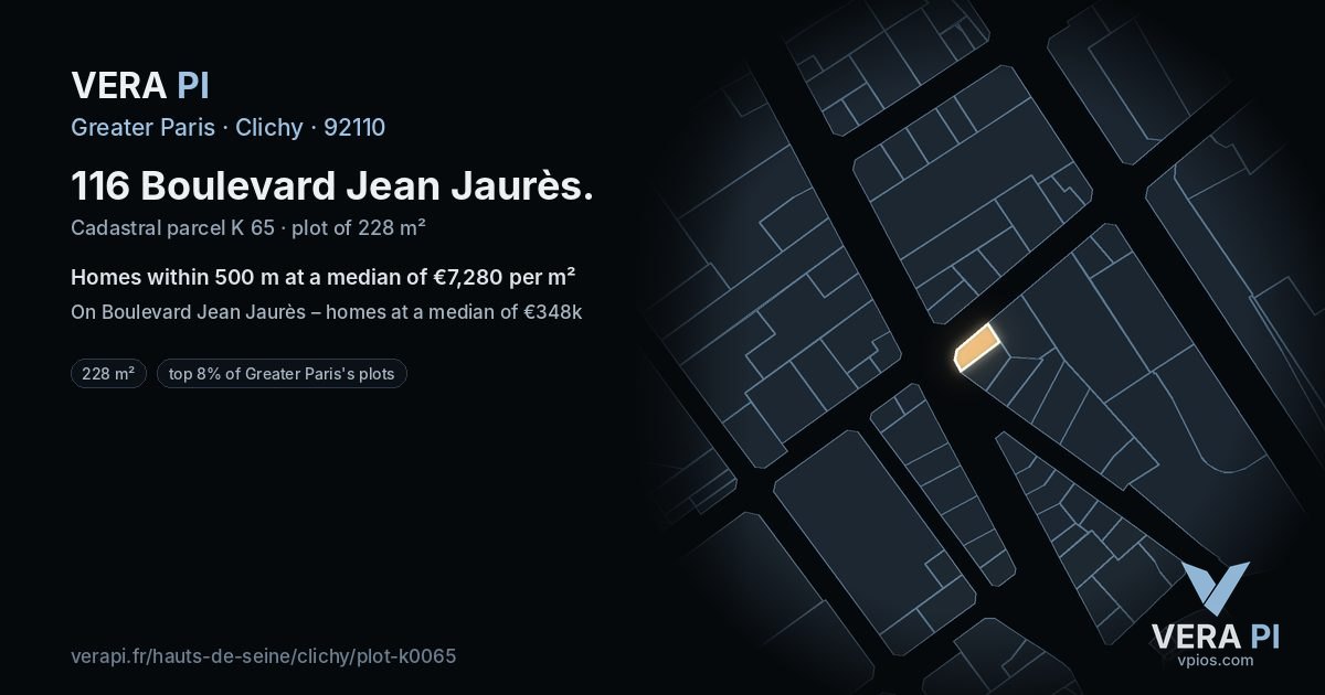 116 Boulevard Jean Jaurès, Clichy at night – the plot lit, the parcels around coloured by the prices near them