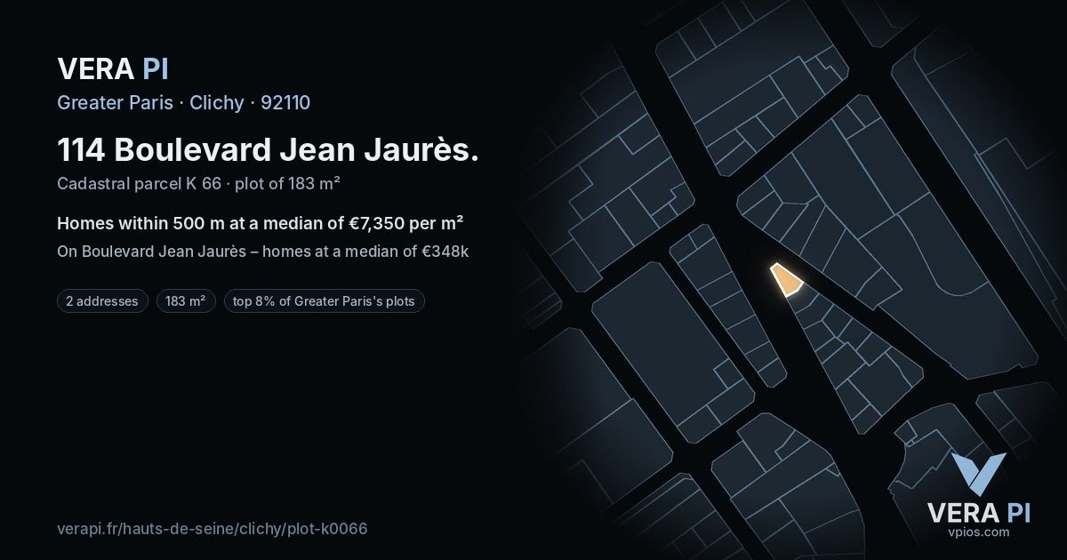 114 Boulevard Jean Jaurès, Clichy at night – the plot lit, the parcels around coloured by the prices near them