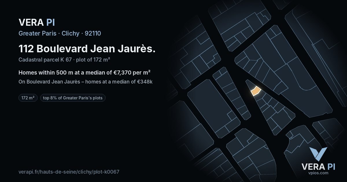 112 Boulevard Jean Jaurès, Clichy at night – the plot lit, the parcels around coloured by the prices near them