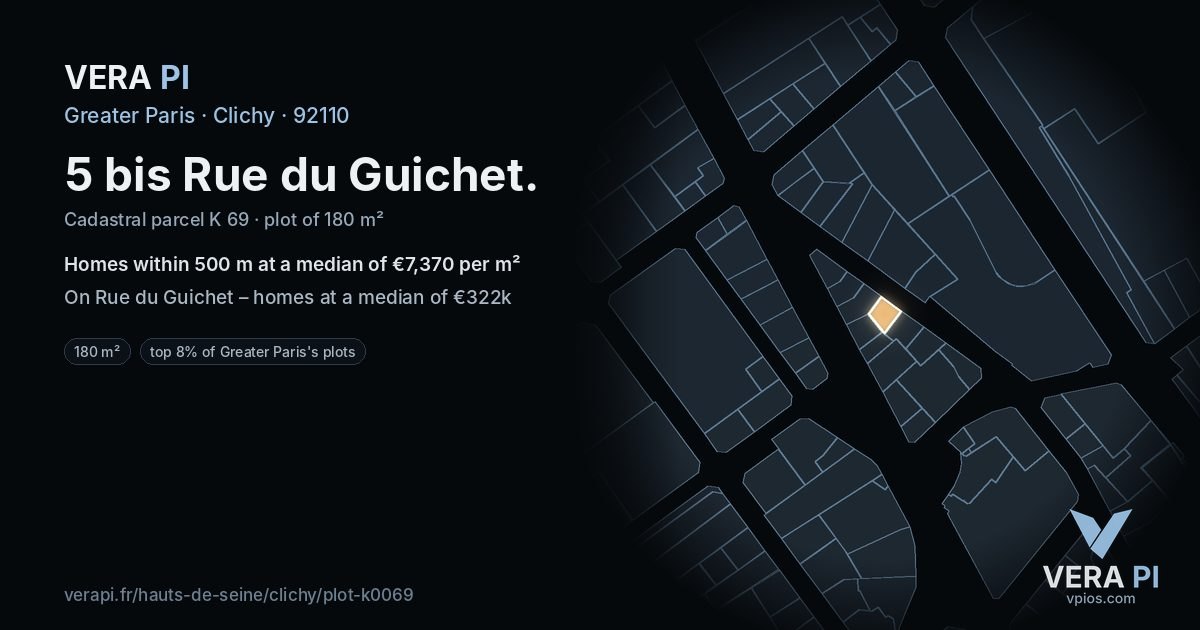 5 bis Rue du Guichet, Clichy at night – the plot lit, the parcels around coloured by the prices near them