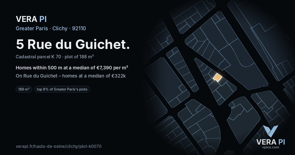 5 Rue du Guichet, Clichy at night – the plot lit, the parcels around coloured by the prices near them