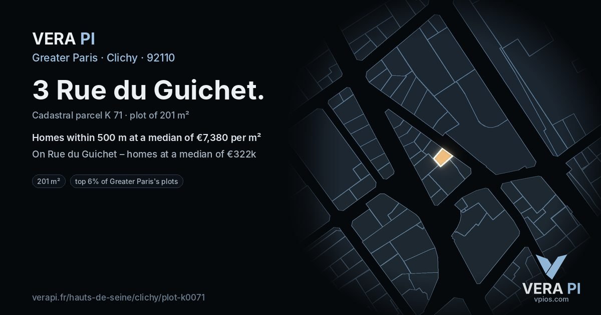 3 Rue du Guichet, Clichy at night – the plot lit, the parcels around coloured by the prices near them