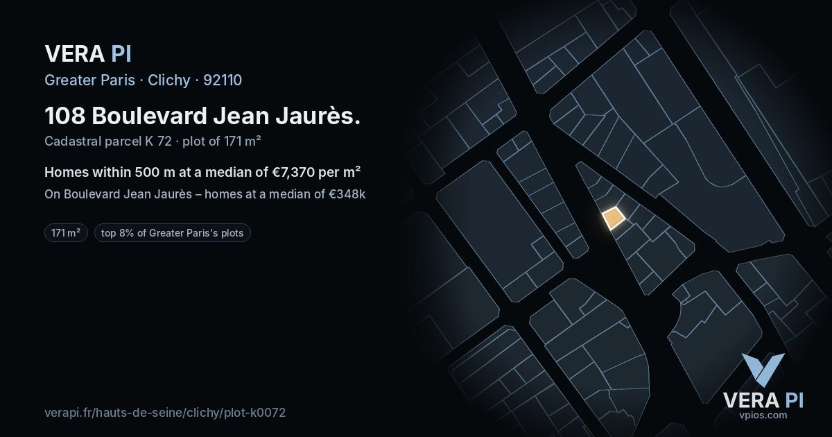 108 Boulevard Jean Jaurès, Clichy at night – the plot lit, the parcels around coloured by the prices near them
