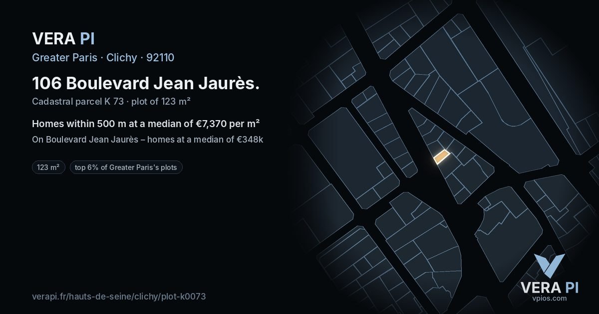 106 Boulevard Jean Jaurès, Clichy at night – the plot lit, the parcels around coloured by the prices near them