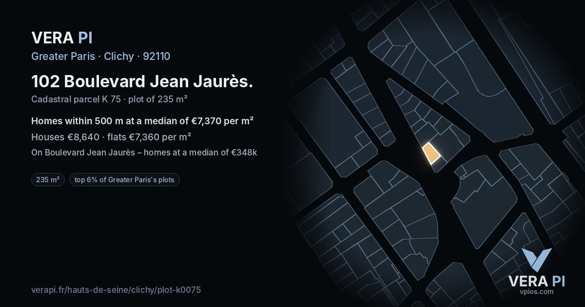 102 Boulevard Jean Jaurès, Clichy at night – the plot lit, the parcels around coloured by the prices near them