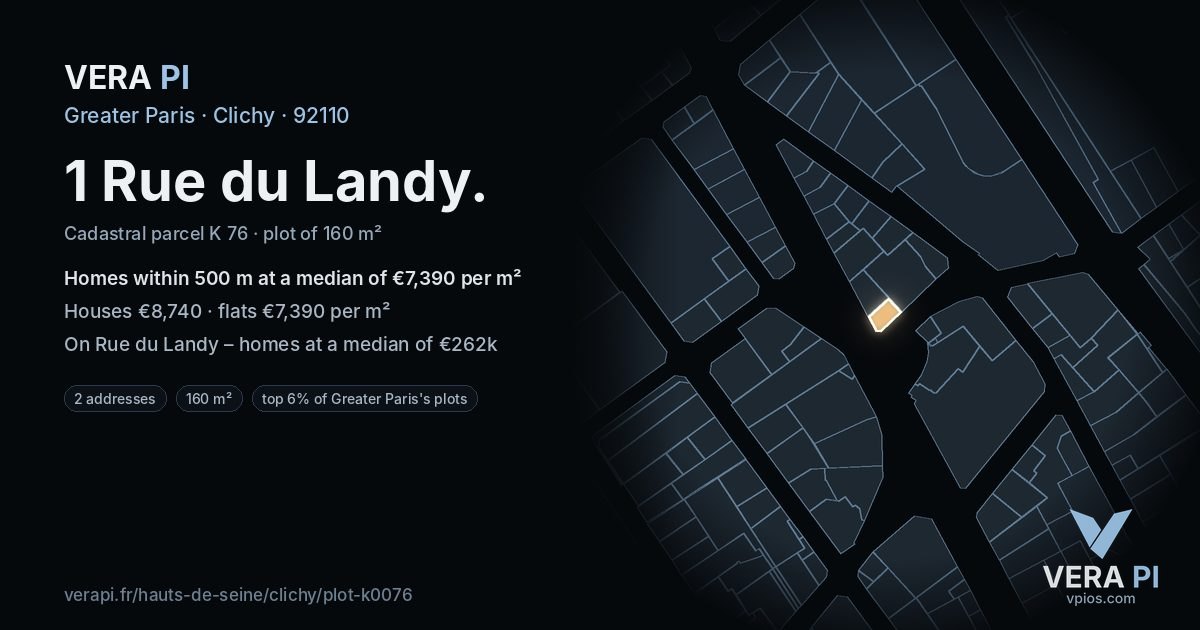 1 Rue du Landy, Clichy at night – the plot lit, the parcels around coloured by the prices near them