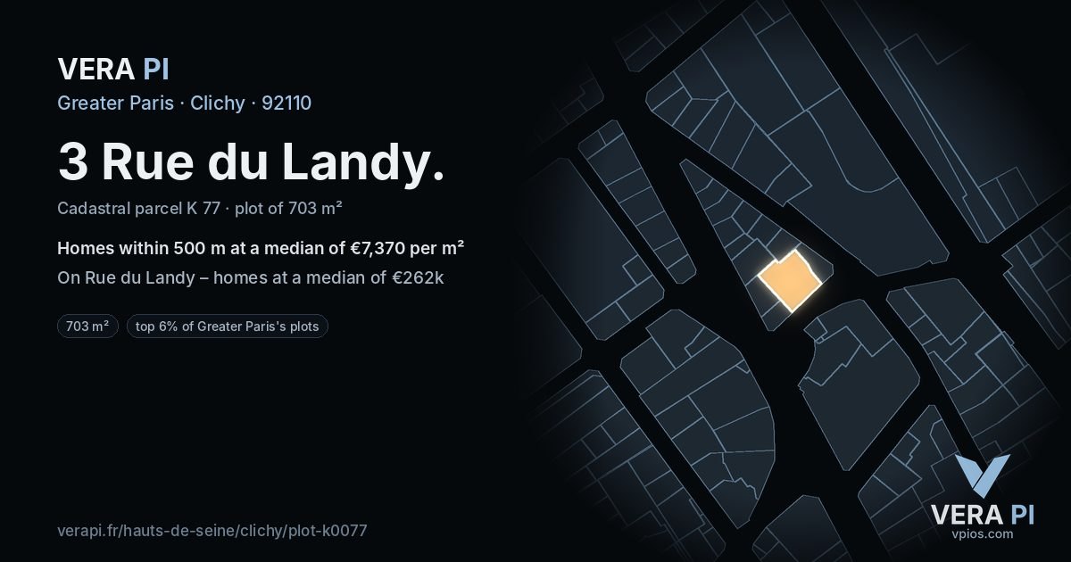 3 Rue du Landy, Clichy at night – the plot lit, the parcels around coloured by the prices near them