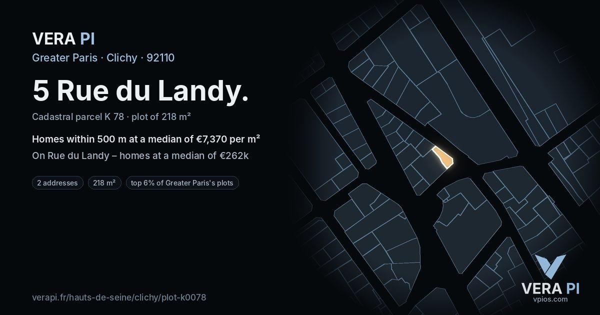 5 Rue du Landy, Clichy at night – the plot lit, the parcels around coloured by the prices near them